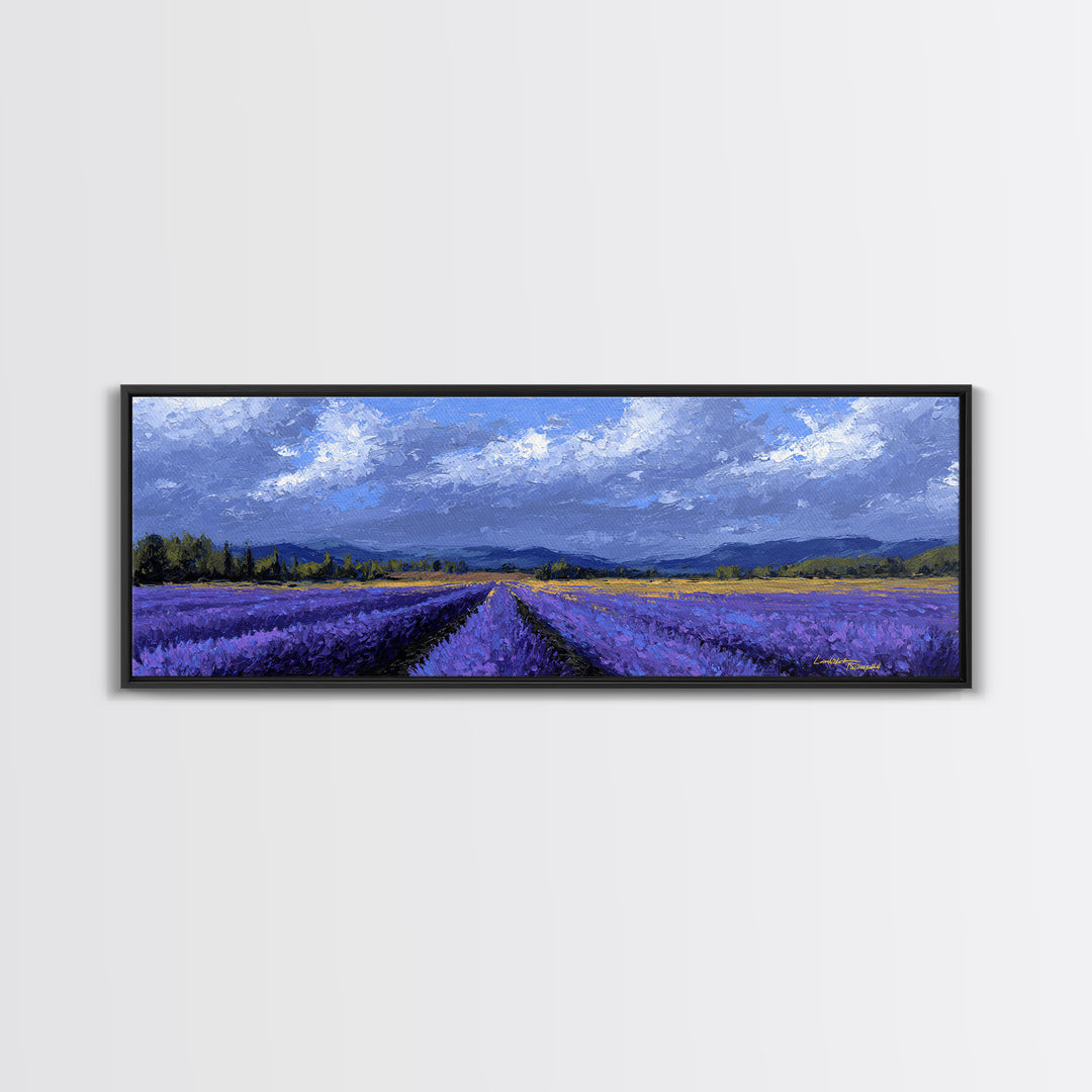 Lavender Field Leading to Distant Hills Framed Canvas Print, Landscape Art, Digital Wall Art, Living Room Decor, Horizon, LAN-3x1-2