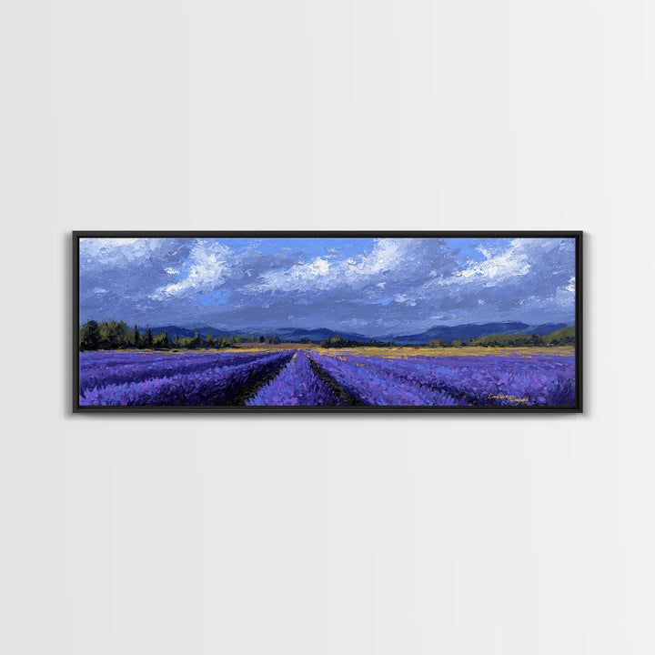 Lavender Field Leading to Distant Hills Framed Canvas Print, Landscape Art, Digital Wall Art, Living Room Decor, Horizon, LAN-3x1-2