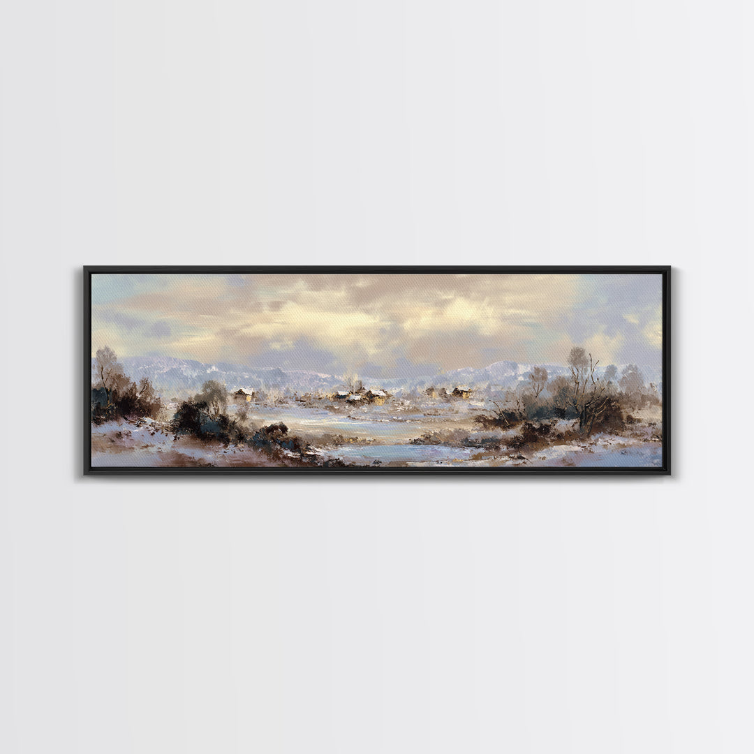 Snow Covered Alpine Village at Dusk Framed Canvas Print, Landscape Art, Room Decor, Living Room Decor, Fine Art, Horizon, LAN-3x1-23