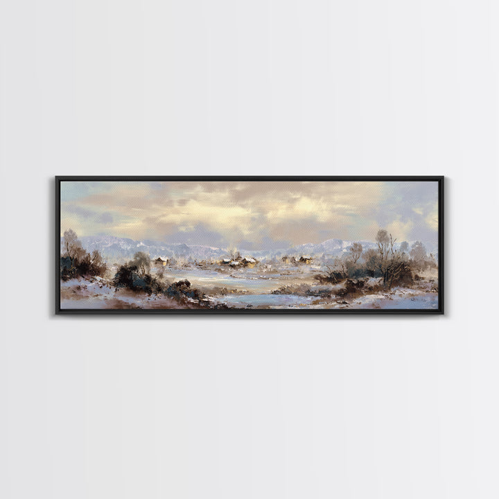 Snow Covered Alpine Village at Dusk Framed Canvas Print, Landscape Art, Room Decor, Living Room Decor, Fine Art, Horizon, LAN-3x1-23