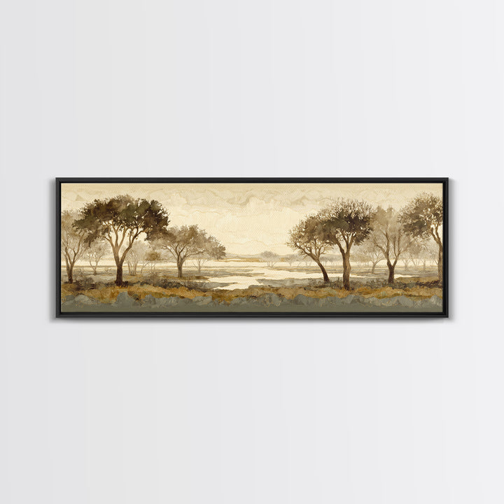 Wide Savanna with Acacia Silhouette Canvas Print, Landscape Art, Minimalist Decor, Living Room Decor, Oil Painting, Horizon, LAN-3x1-35