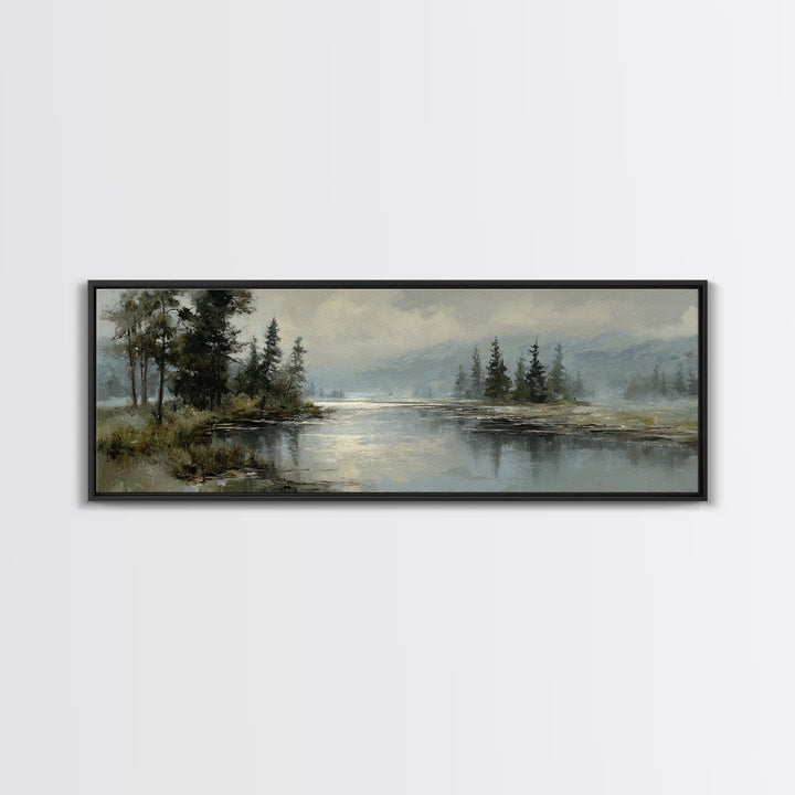 Moonlit River with Silver Reflections Framed Canvas Print, Landscape Art, Wall Art Print, Living Room Decor, Fine Art, Horizon, LAN-3x1-37