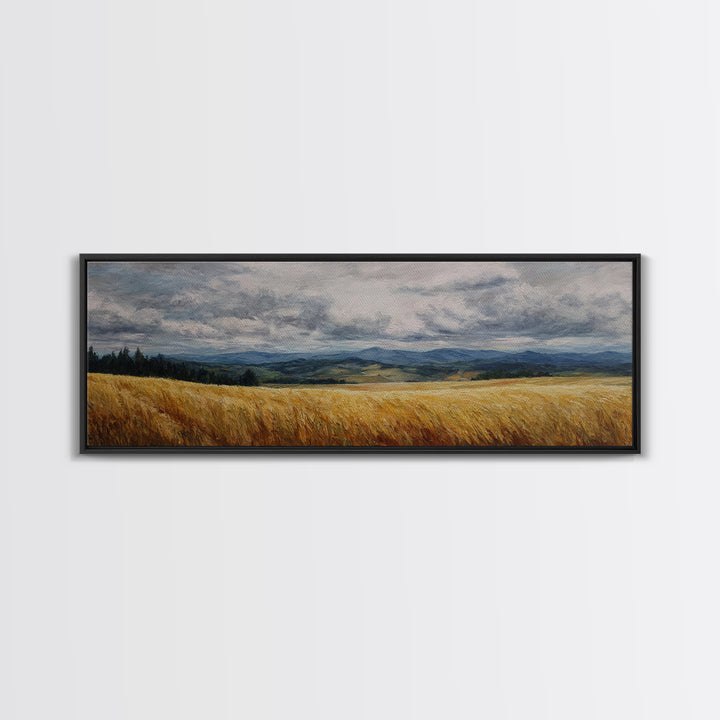 Golden Wheat Field Beneath Huge Clouds Canvas Print, Landscape Art, Neutral Decor, Living Room Decor, Oil Painting, Horizon, LAN-3x1-40