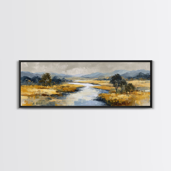 Winding River Through Golden Fields Canvas Print, Landscape Art, Boho Wall Art, Living Room Decor, Fine Art, Horizon, LAN-3x1-42