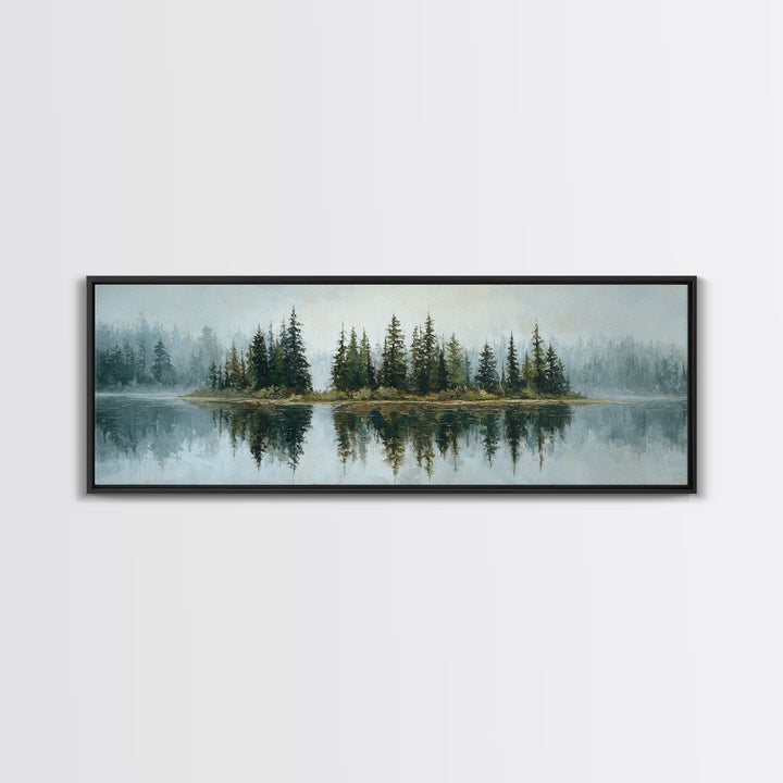Quiet Lake Reflecting Pine Forest Framed Canvas Print, Landscape Art, Modern Decor, Living Room Decor, Fine Art, Horizon, LAN-3x1-44