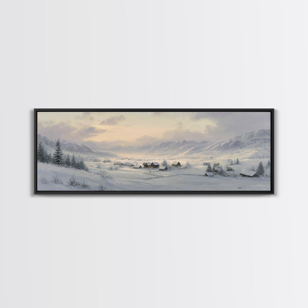 Snow Covered Alpine Village at Dusk Framed Canvas Print, Landscape Art, Digital Art, Living Room Decor, Fine Art, Horizon, LAN-3x1-47