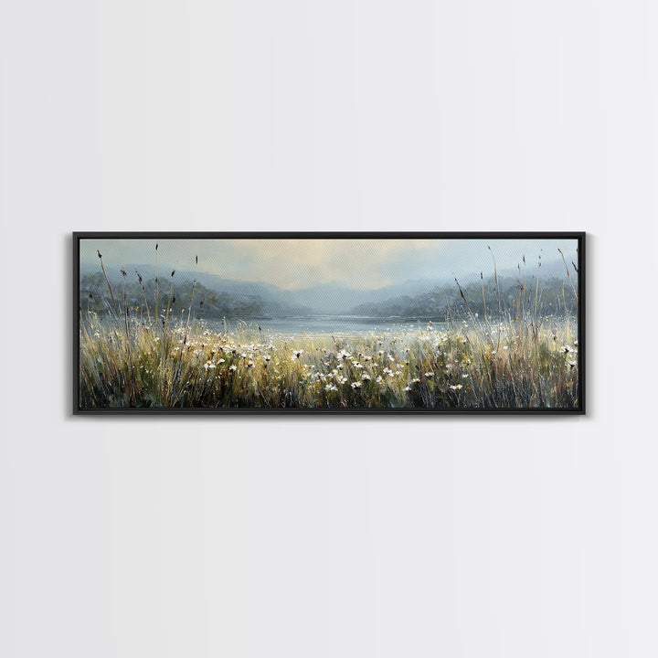 Sunlit Meadow with Wildflowers Framed Canvas Print, Landscape Art, Living Room Wall Art, Living Room Decor, Oil Painting, LAN-3x1-53
