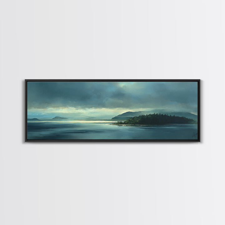 Fjord Landscape with Icy Blue Water Framed Canvas Print, Landscape Art, Decor, Living Room Decor, Oil Painting, Horizon, LAN-3x1-55