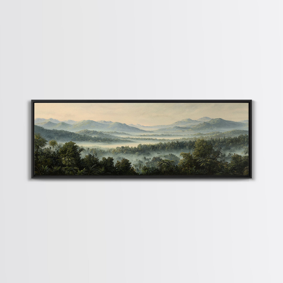 Tropical Jungle Waterfall Framed Canvas Print, Landscape Art, Minimalist Decor, Living Room Decor, Oil Painting, Horizon, LAN-3x1-56