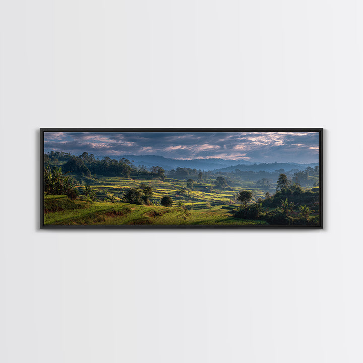 Rice Terraces Glowing Framed Canvas Print, Landscape Art, Living Room Decor, Oil Painting, Horizon, Modern Art, Gallery Decor, LAN-3x1-58