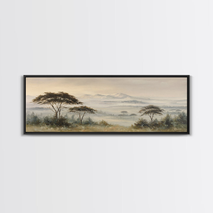 Wide Savanna with Acacia Silhouette Framed Canvas Print, Landscape Art, Digital Prints, Living Room Decor, Fine Art, Horizon, LAN-3x1-59