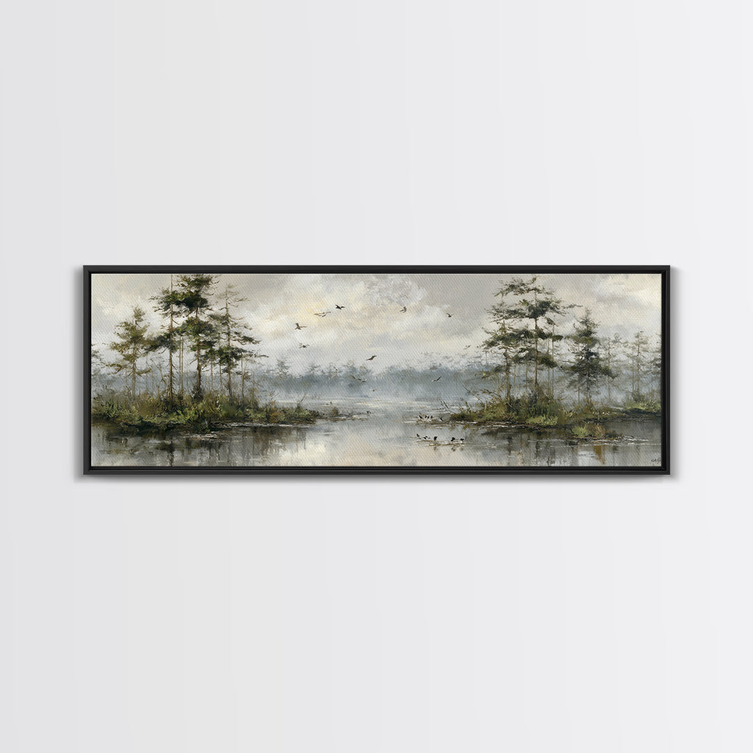 Misty Cypress Swamp Canvas Print, Landscape Art, Boho Decor, Living Room Decor, Fine Art, Horizon, Art Prints, Digital Art, LAN-3x1-62
