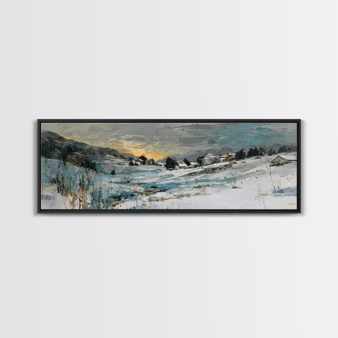 Snow Covered Alpine Village at Dusk Canvas Print, Landscape Art, Framed Wall Art, Living Room Decor, Oil Painting, Horizon, LAN-3x1-71
