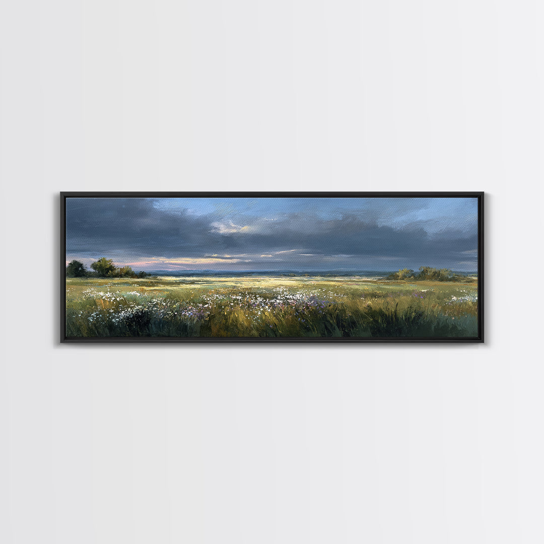 Sunlit Meadow with Wildflowers Framed Canvas Print, Landscape Art, Living Room Wall Art, Living Room Decor, Oil Painting, LAN-3x1-77