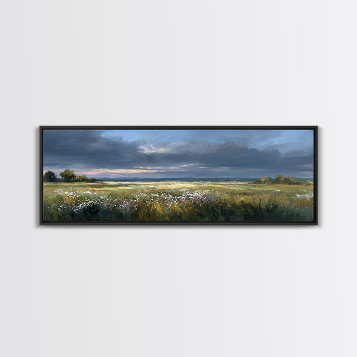 Sunlit Meadow with Wildflowers Framed Canvas Print, Landscape Art, Living Room Wall Art, Living Room Decor, Oil Painting, LAN-3x1-77