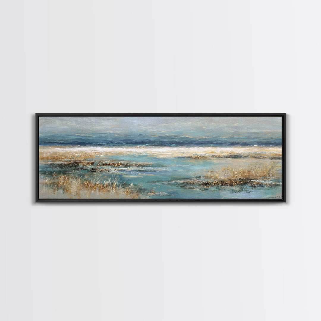 Fjord Landscape with Icy Blue Water Framed Canvas Print, Landscape Art, Digital Print, Living Room Decor, Fine Art, Horizon, LAN-3x1-79