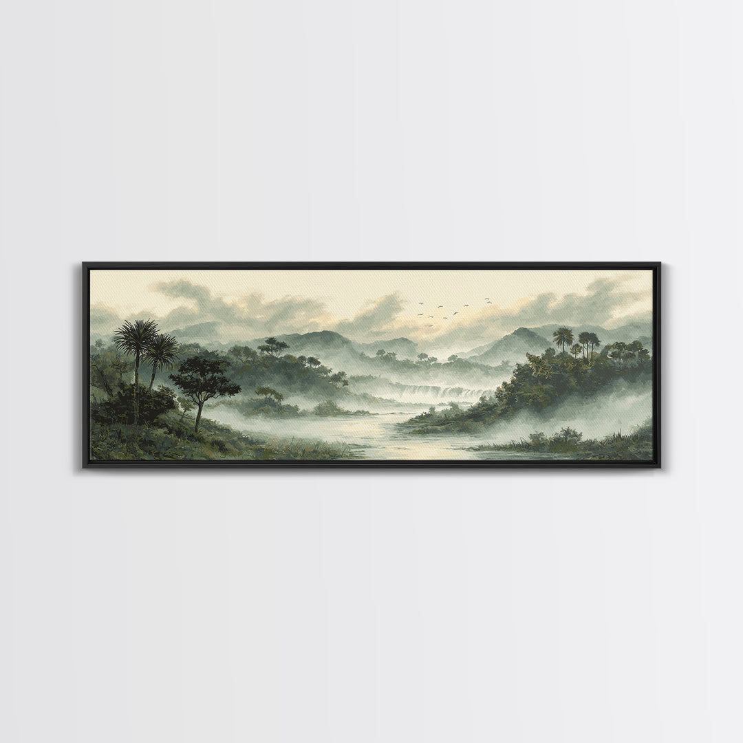 Tropical Jungle Waterfall Canvas Print, Landscape Art, Digital Prints, Living Room Decor, Fine Art, Horizon, Farmhouse Decor, LAN-3x1-80