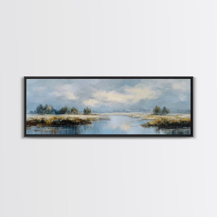 Moonlit River with Silver Reflections Canvas Print, Landscape Art, Floral Wall Art, Living Room Decor, Fine Art, Horizon, LAN-3x1-85