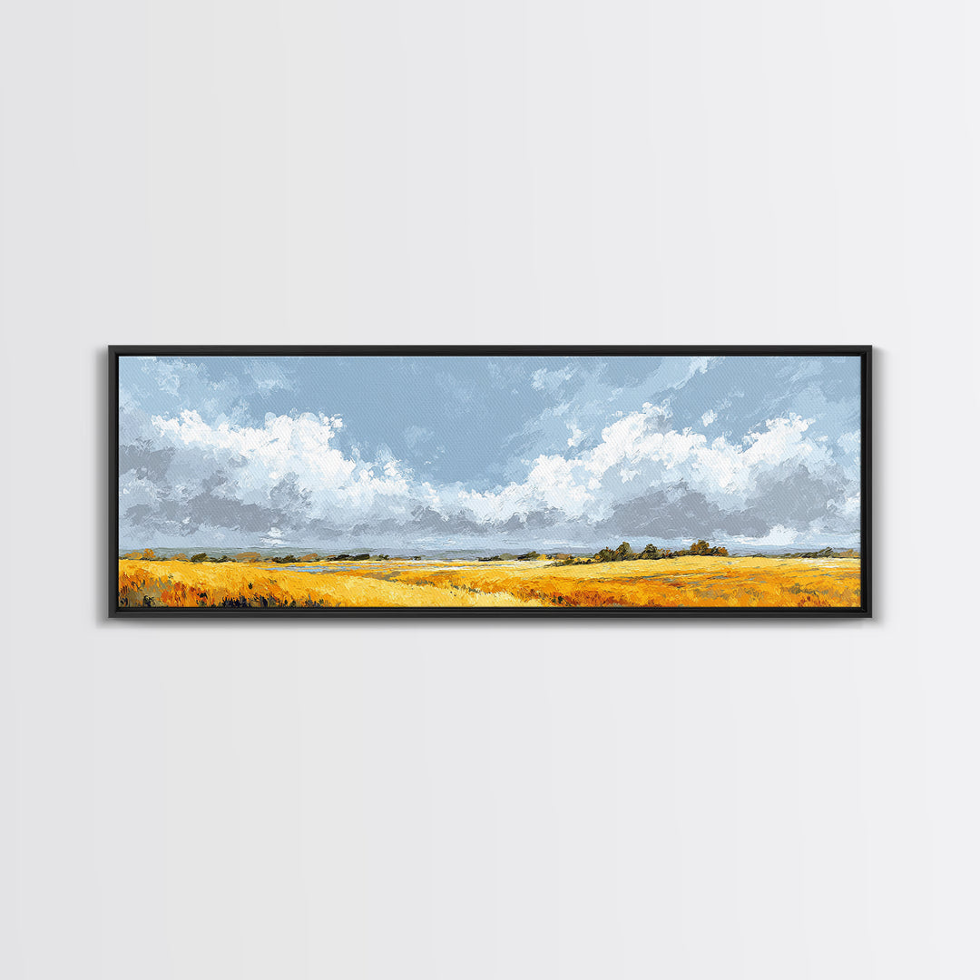 Golden Wheat Field Beneath Huge Clouds Canvas Print, Landscape Art, Wall Art, Living Room Decor, Horizon, Framed Wall Art, LAN-3x1-88