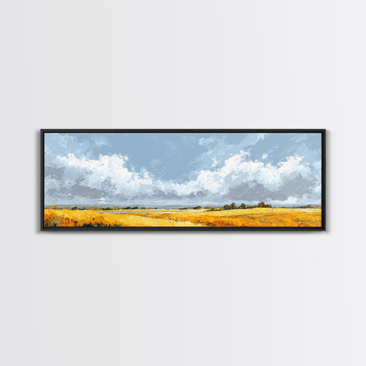 Golden Wheat Field Beneath Huge Clouds Canvas Print, Landscape Art, Wall Art, Living Room Decor, Horizon, Framed Wall Art, LAN-3x1-88