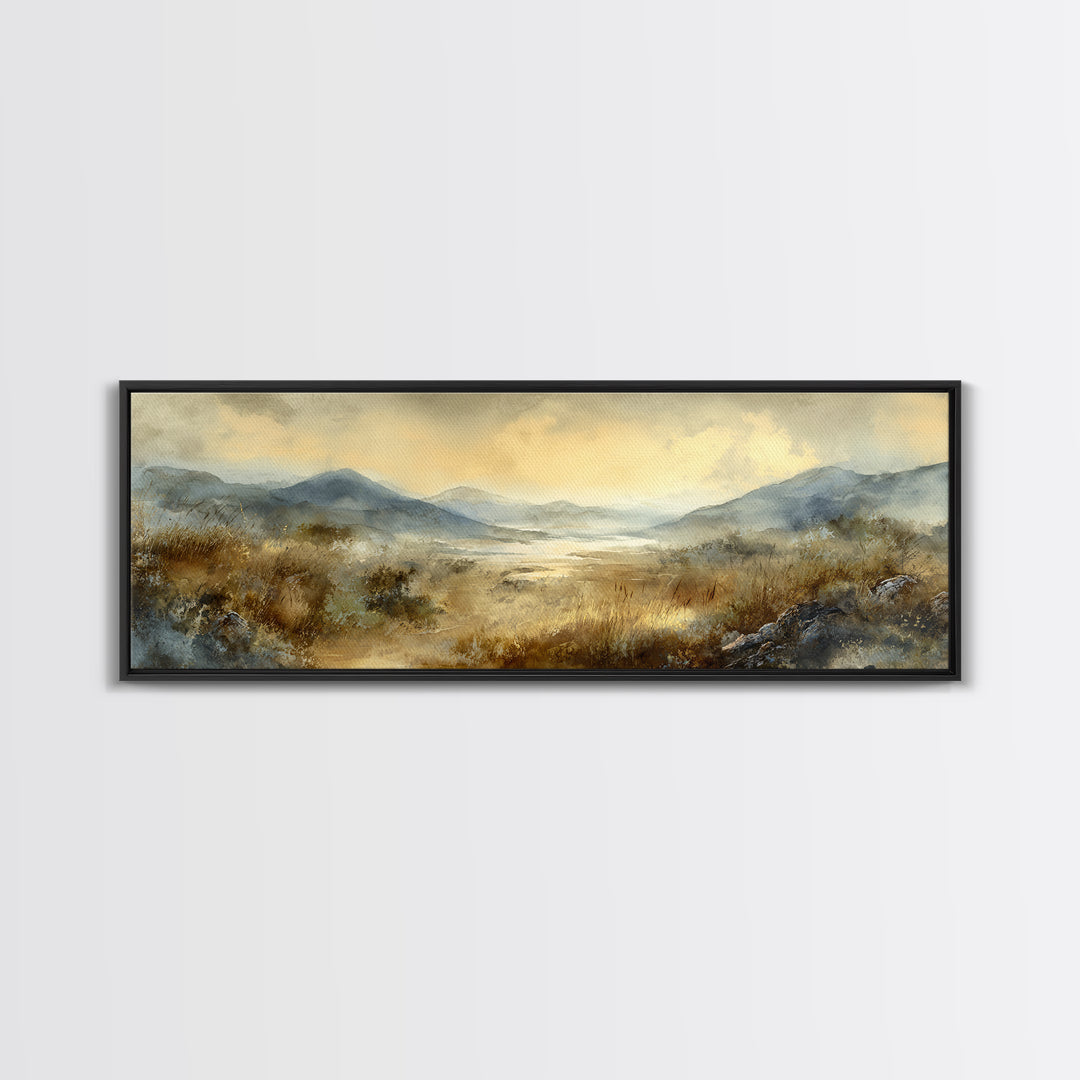 Misty Mountain Valley at Sunrise Framed Canvas Print, Landscape Art, Boho Decor, Living Room Decor, Fine Art, Horizon, LAN-3x1-89