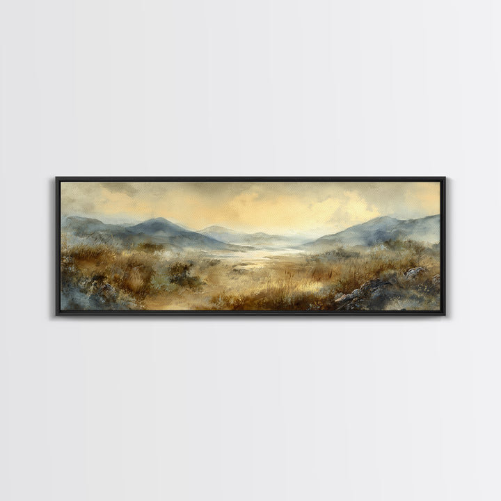 Misty Mountain Valley at Sunrise Framed Canvas Print, Landscape Art, Boho Decor, Living Room Decor, Fine Art, Horizon, LAN-3x1-89