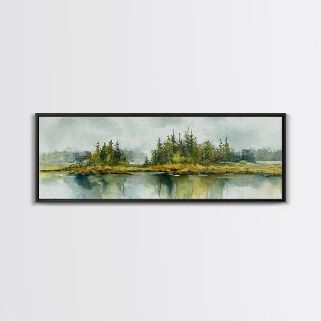 Quiet Lake Reflecting Pine Forest Canvas Print, Landscape Art, Digital Art, Living Room Decor, Fine Art, Horizon, Boho Wall Art, LAN-3x1-92