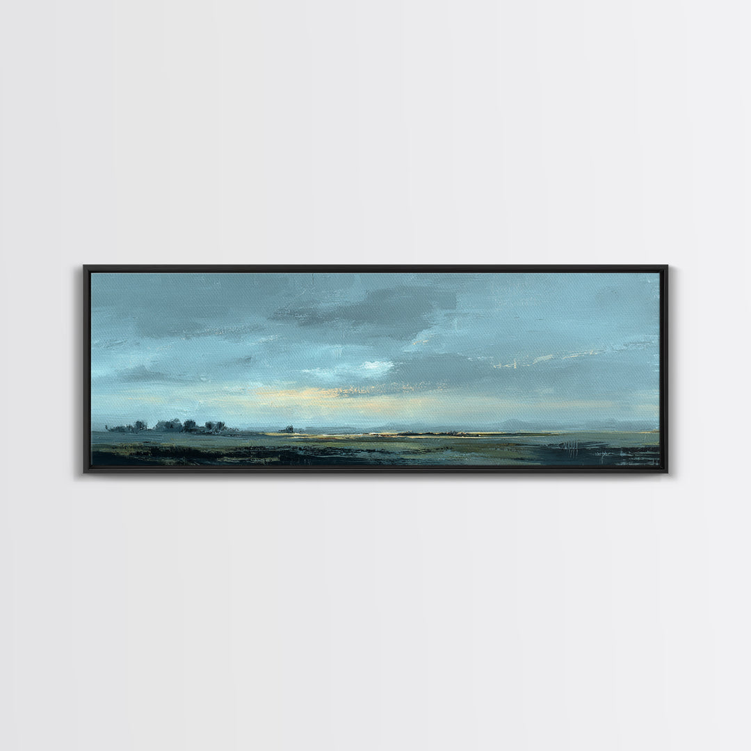 Desert Dunes under Pale Moon Framed Canvas Print, Landscape Art, Printable Wall Art, Living Room Decor, Oil Painting, Horizon, LAN-3x1-99