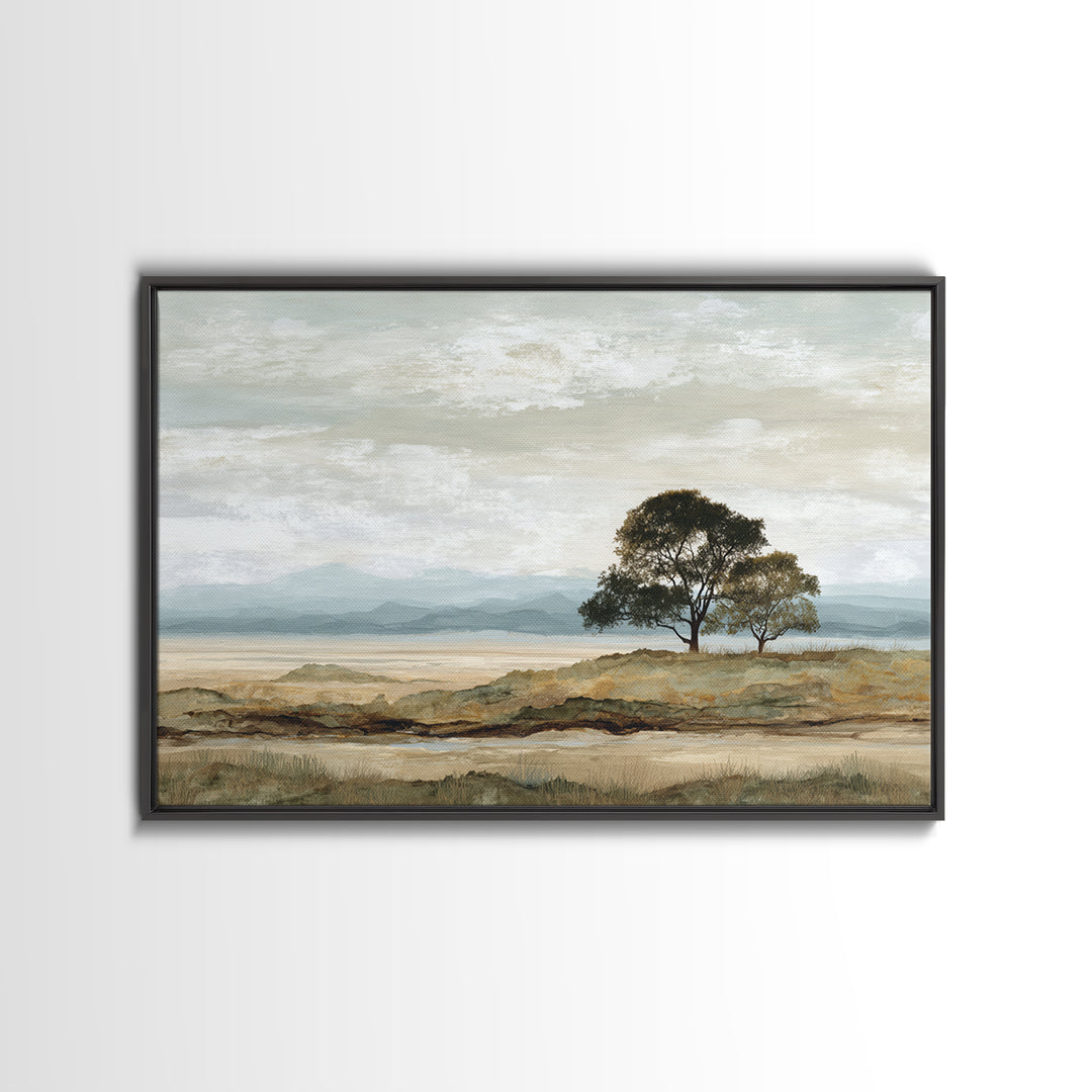 Wide Savanna with Acacia Silhouette Framed Canvas Print, Landscape Art, Living Room Wall Art, Living Room Decor, Oil Painting, LAN-3x2-23