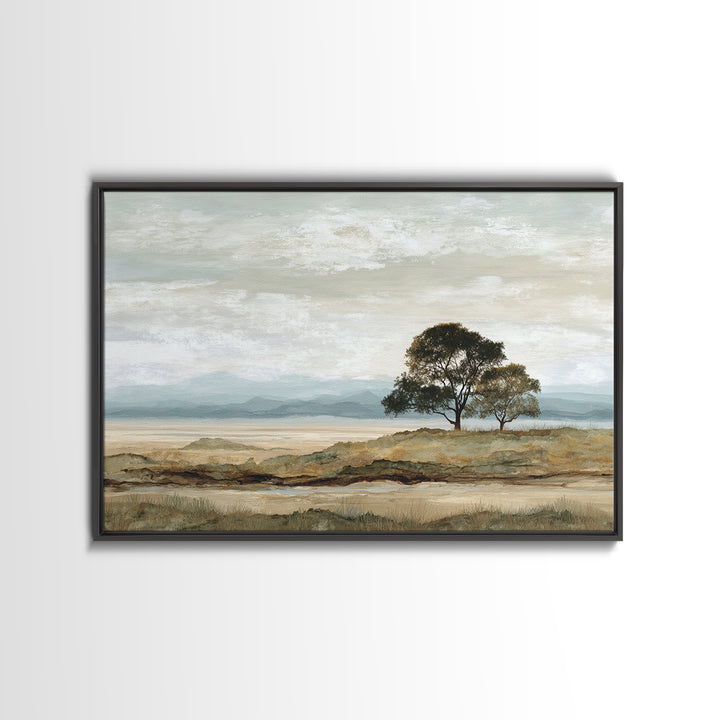 Wide Savanna with Acacia Silhouette Framed Canvas Print, Landscape Art, Living Room Wall Art, Living Room Decor, Oil Painting, LAN-3x2-23
