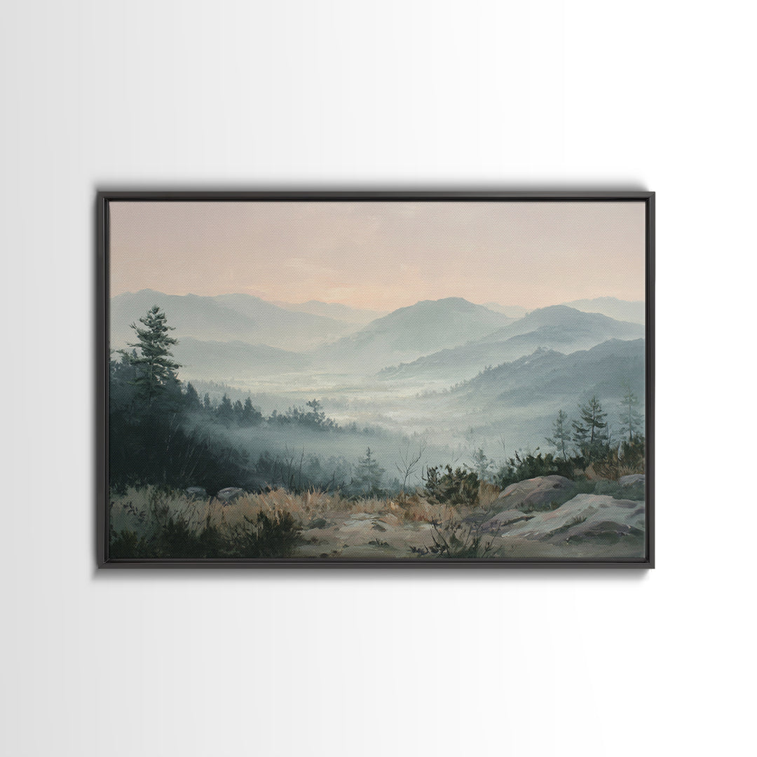 Misty Mountain Valley at Sunrise Canvas Print, Landscape Art, Modern Decor, Living Room Decor, Fine Art, Horizon, Wall Decor, LAN-3x2-29