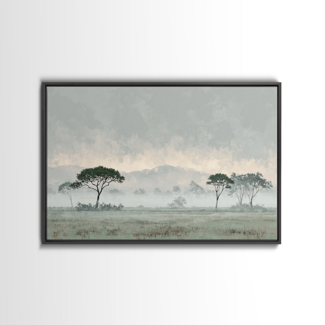 Wide Savanna with Acacia Silhouette Framed Canvas Print, Landscape Art, Digital Art, Living Room Decor, Fine Art, Horizon, LAN-3x2-47