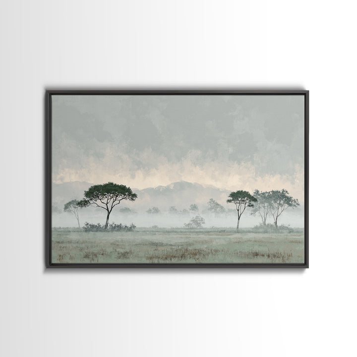 Wide Savanna with Acacia Silhouette Framed Canvas Print, Landscape Art, Digital Art, Living Room Decor, Fine Art, Horizon, LAN-3x2-47