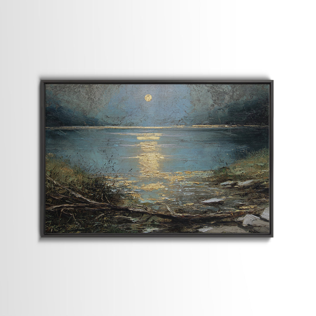 Moonlit River with Silver Reflections Canvas Print, Landscape Art, Neutral Decor, Living Room Decor, Oil Painting, Horizon, LAN-3x2-49