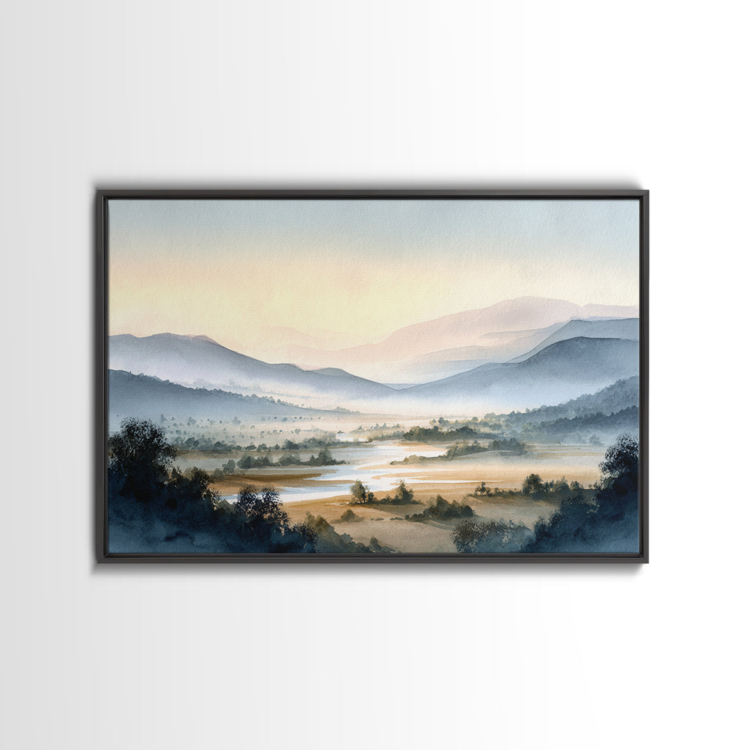 Misty Mountain Valley at Sunrise Framed Canvas Print, Landscape Art, Living Room Wall Art, Living Room Decor, Oil Painting, LAN-3x2-5