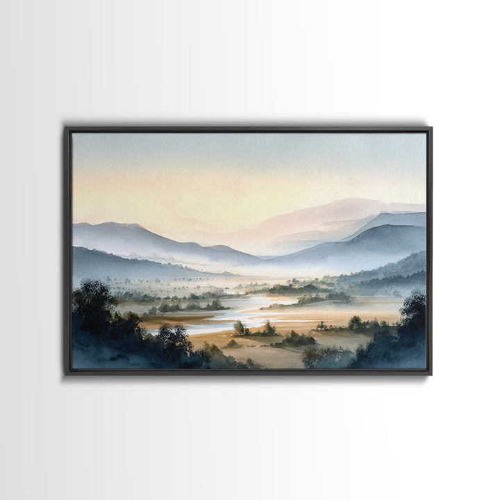 Misty Mountain Valley at Sunrise Framed Canvas Print, Landscape Art, Living Room Wall Art, Living Room Decor, Oil Painting, LAN-3x2-5