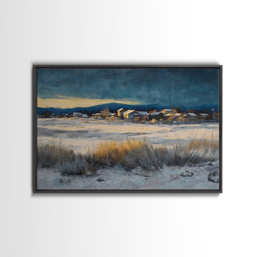 Snow Covered Alpine Village at Dusk Framed Canvas Print, Landscape Art, Digital Art, Living Room Decor, Fine Art, Horizon, LAN-3x2-59