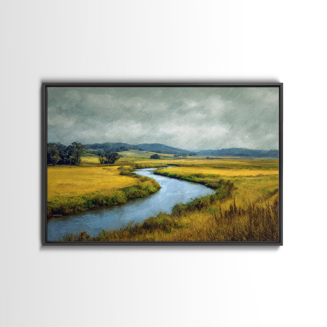 Winding River Through Golden Fields Framed Canvas Print, Landscape Art, Farmhouse Decor, Living Room Decor, Fine Art, Horizon, LAN-3x2-6