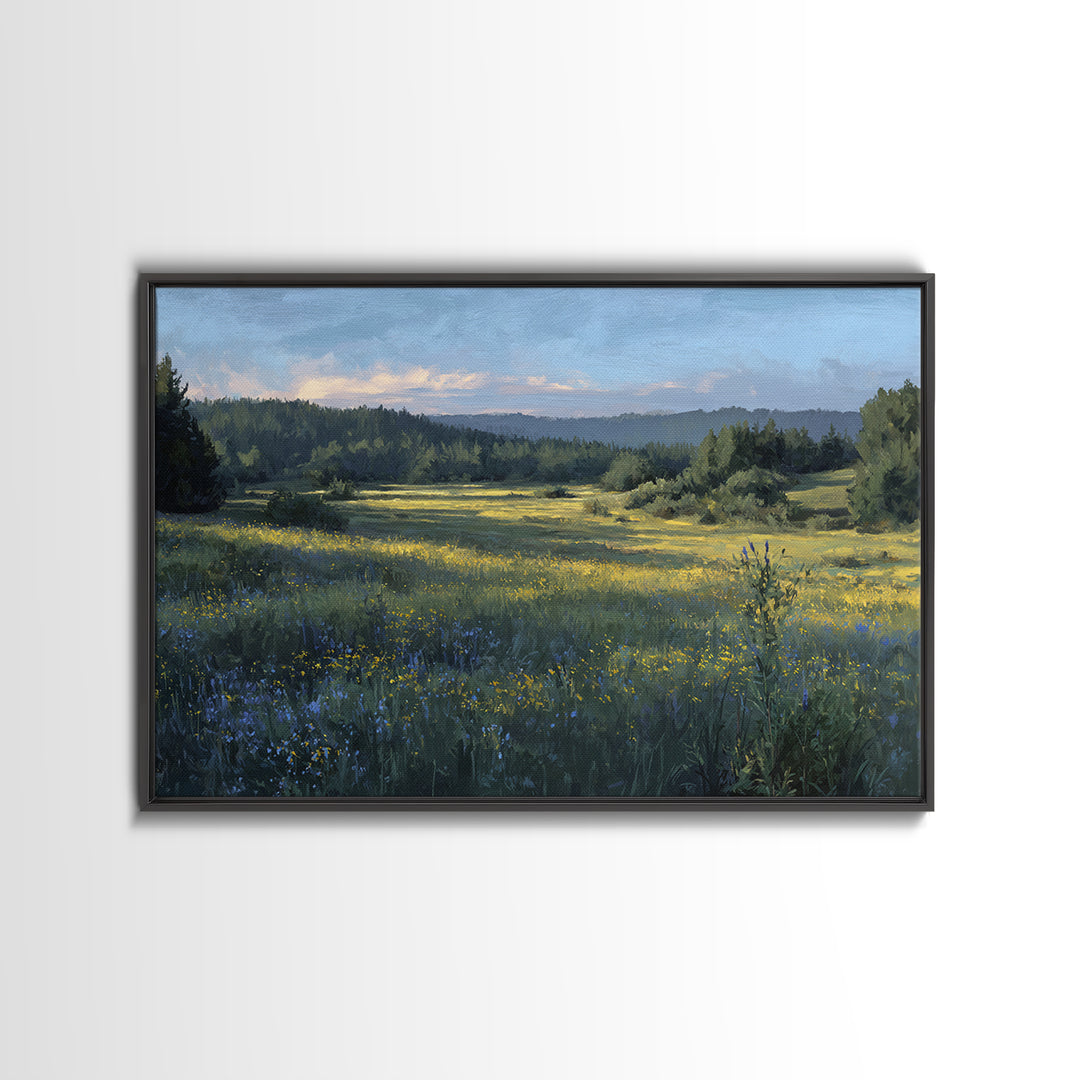 Sunlit Meadow with Wildflowers Framed Canvas Print, Landscape Art, Modern Art, Living Room Decor, Fine Art, Horizon, LAN-3x2-65