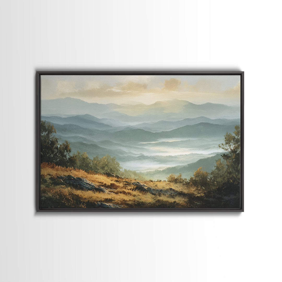 Misty Mountain Valley at Sunrise Framed Canvas Print, Landscape Art, Room Decor, Living Room Decor, Fine Art, Horizon, LAN-3x2-77