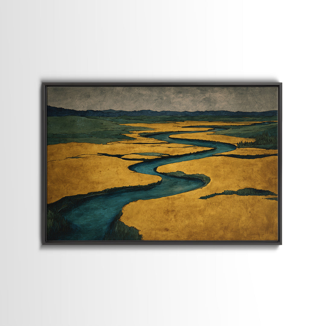 Winding River Through Golden Fields Framed Canvas Print, Landscape Art, Set of 3 Prints, Living Room Decor, Fine Art, Horizon, LAN-3x2-78