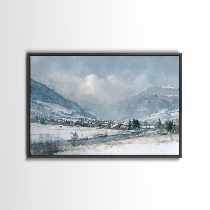 Snow Covered Alpine Village at Dusk Canvas Print, Landscape Art, Framed Wall Art, Living Room Decor, Oil Painting, Horizon, LAN-3x2-83