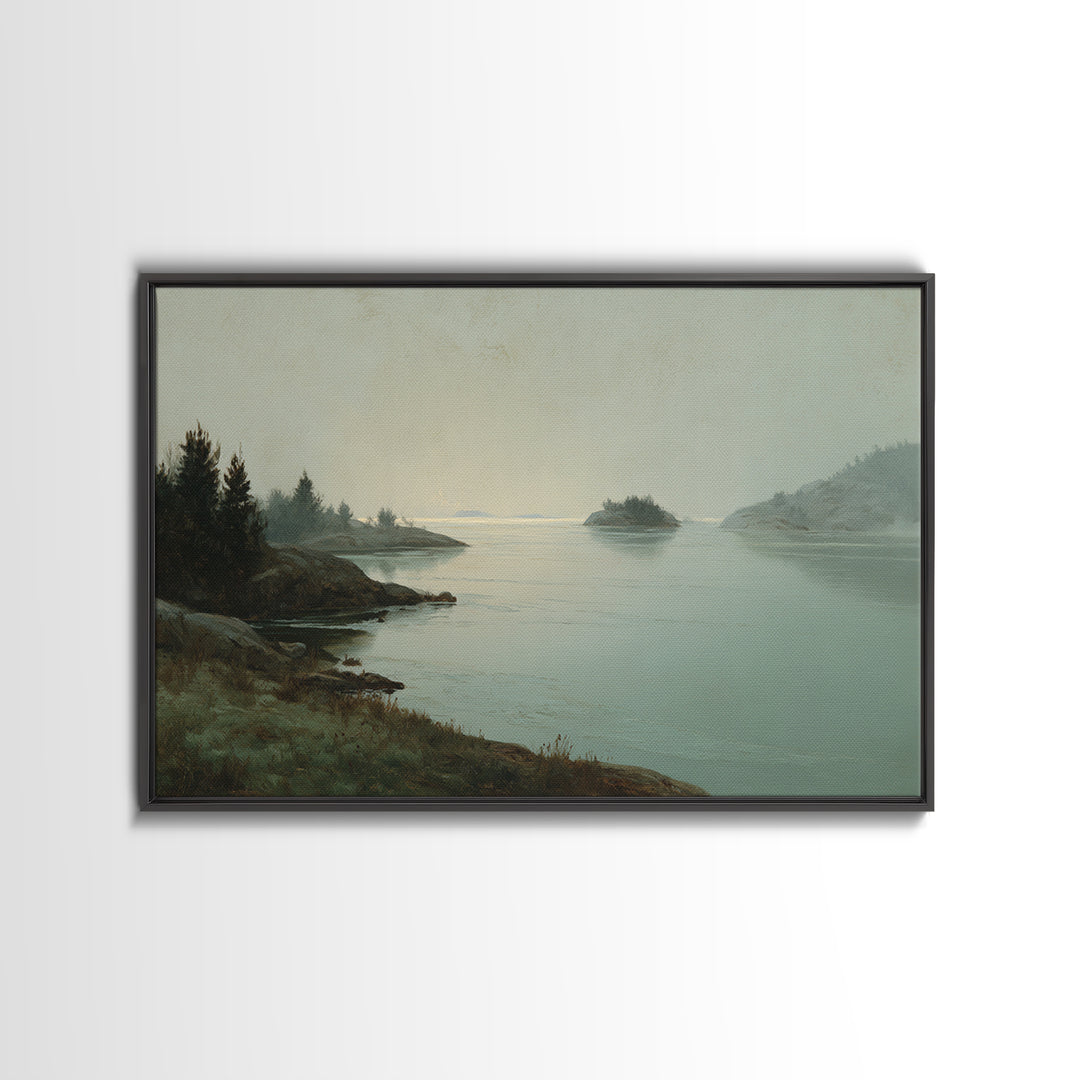 Fjord Landscape with Icy Blue Water Framed Canvas Print, Landscape Art, Digital Print, Living Room Decor, Fine Art, Horizon, LAN-3x2-91