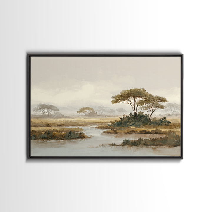 Wide Savanna with Acacia Silhouette Framed Canvas Print, Landscape Art, Digital Wall Art, Living Room Decor, Fine Art, Horizon, LAN-3x2-95