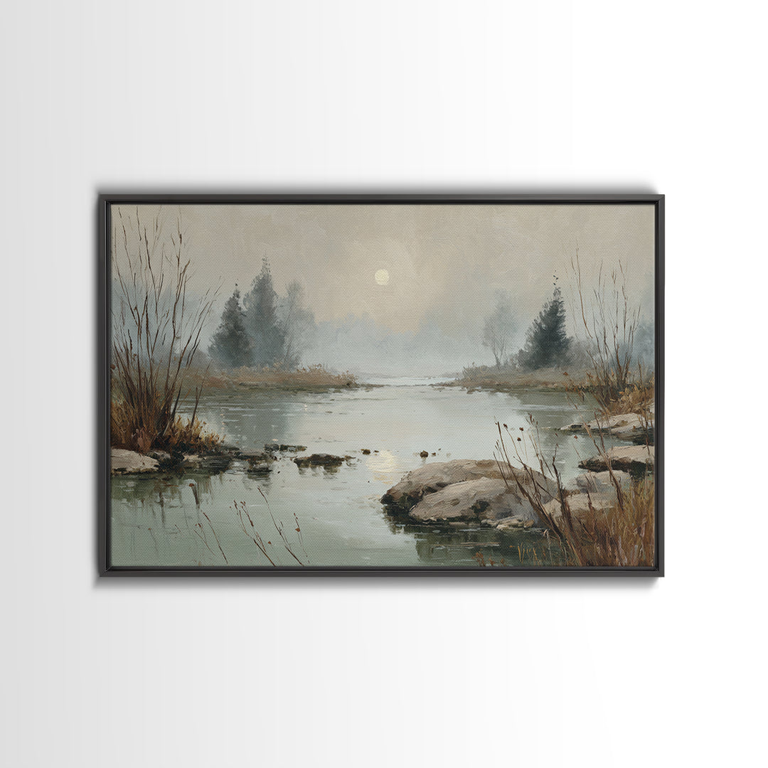 Moonlit River with Silver Reflections Framed Canvas Print, Landscape Art, Luxury Decor, Living Room Decor, Fine Art, Horizon, LAN-3x2-97