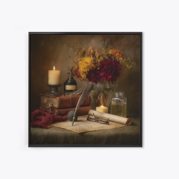 Fountain Pen and Parchment Framed Canvas Print, Library Art, Painting, Library Decor, Fine Art, Archive, Halloween Printable, LIB-1x1-12