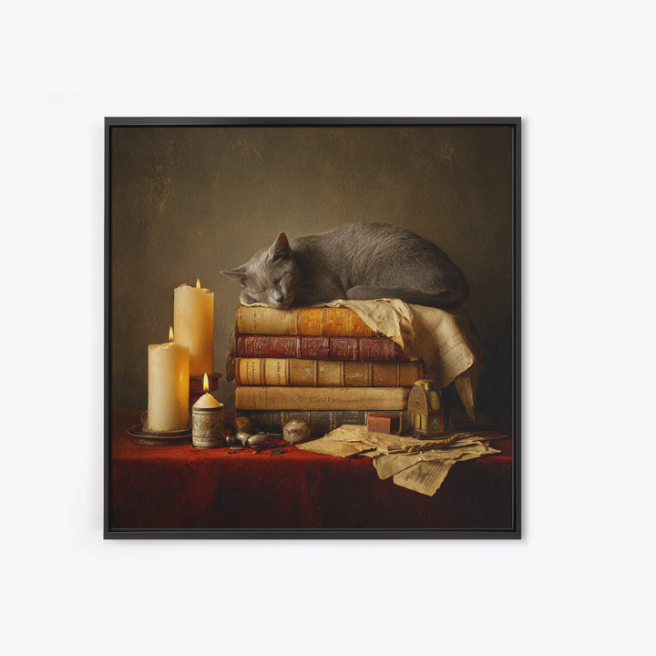 Cat Sleeping on a Book Stack Canvas Print, Library Art, Moody Wall Art, Library Decor, Fine Art, Archive, Gallery Decor, LIB-1x1-31
