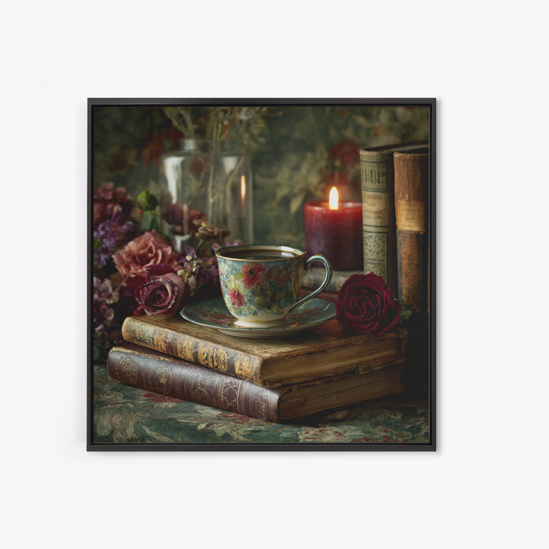 Teacup Beside a Novel and Roses Framed Canvas Print, Library Art, Gallery Decor, Library Decor, Fine Art, Archive, Wall Art, LIB-1x1-38