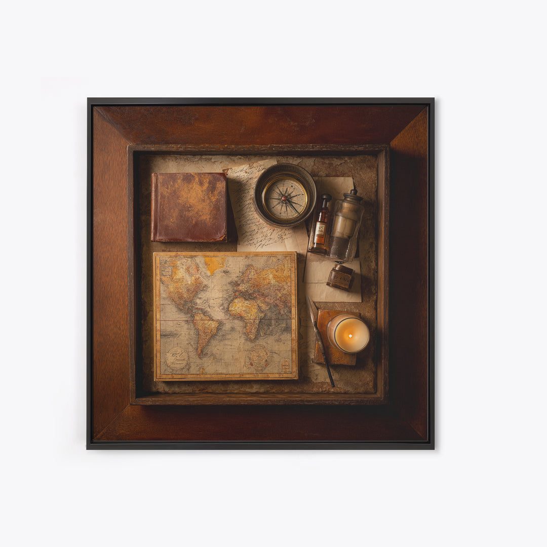 Map and Compass on Leather Bound Atlas Framed Canvas Print, Library Art, Room Decor, Library Decor, Fine Art, Archive, LIB-1x1-40