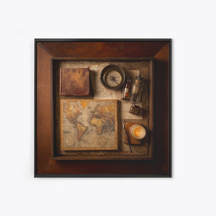 Map and Compass on Leather Bound Atlas Framed Canvas Print, Library Art, Room Decor, Library Decor, Fine Art, Archive, LIB-1x1-40